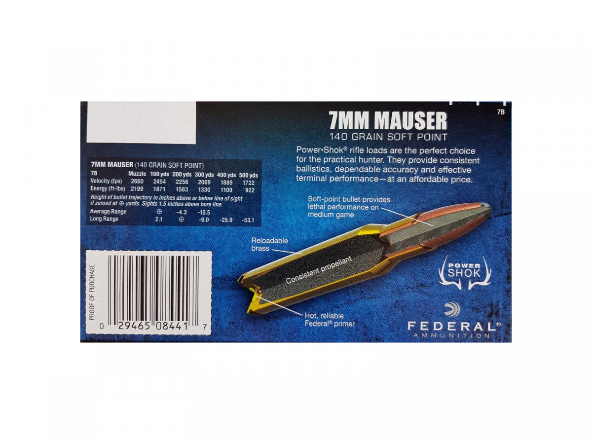 7 x 57 (7mm Mauser) Federal Power-Shok 140gr/9.07g SP RN (7B)